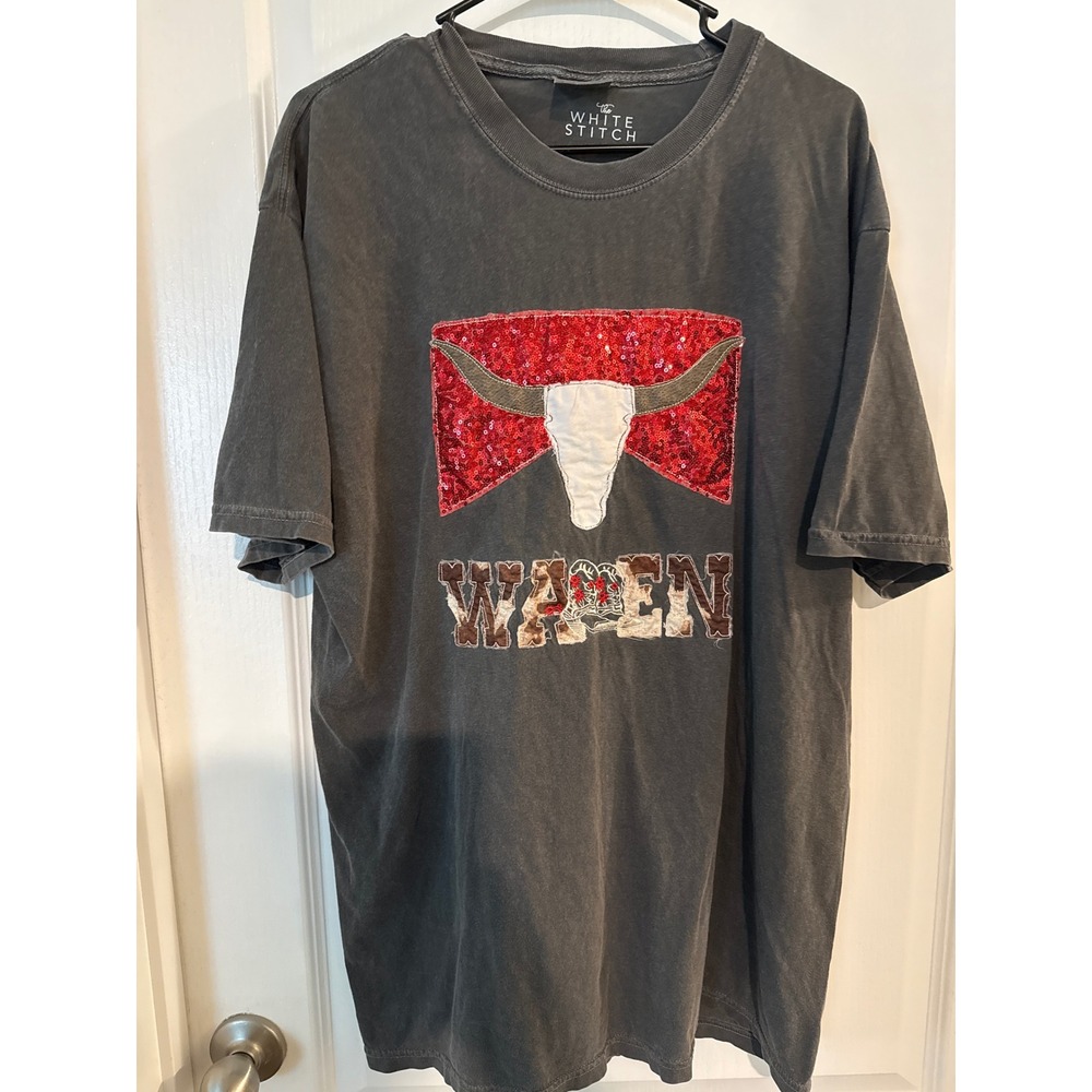 White Stitch Warren Sequin Graphic T Shirt XL Comfort Colors Steer Bull Skull